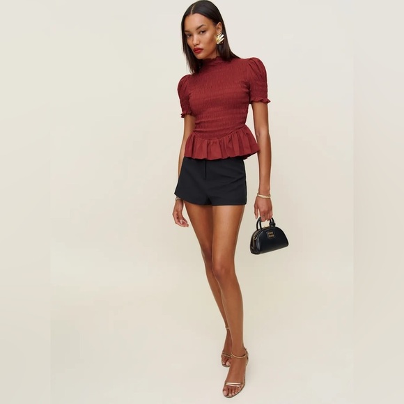 NEW Reformation Aggie Short Sleeve Top Rubies Dark Red Smocked Top | size XS - Picture 2 of 11